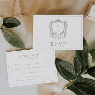 Cartão RSVP Sage Green Monograma Crest Rosas Franceses Casamen