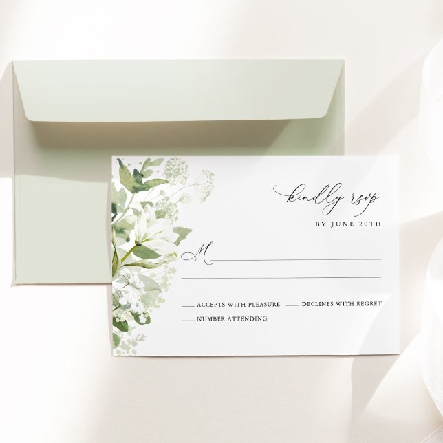 Cartão RSVP Sage Green Organic Greenery Wedding (Sage green organic greenery watercolor wedding RSVP card with botanical florals & elegant typography)
