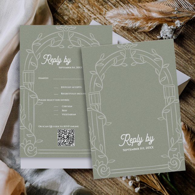 Cartão RSVP Sage Green Ornate Arch Botanical Wedding Reply By (Sage Green Ornate Arch Botanical Wedding RSVP Card with QR Code | Elegant Wedding Reply Card)