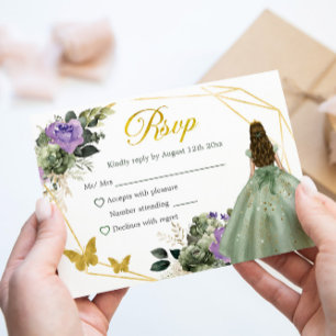 Cartão RSVP Sage Green Purple Princess Quinceañera