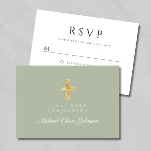 Cartão RSVP Sage Green Religerian Cross First Communence