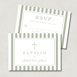 Cartão RSVP Sage Green Religious Cross Boy Baptism 