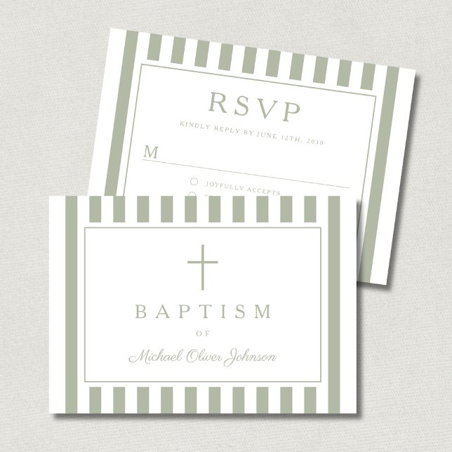 Cartão RSVP Sage Green Religious Cross Boy Baptism  (Sage Green Religious Cross Boy Baptism RSVP Card)