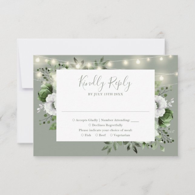 Cartão RSVP Sage Green String Lights Floral Wedes (Frente)