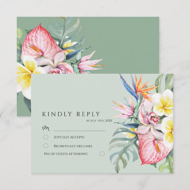 Cartão RSVP Sage Green Tropical Floral Hawaii Wedding (Frente/Verso)