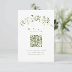 Cartão RSVP Sage Green Wildflower Rustic Boho Código QR Casame