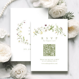 Cartão RSVP Sage Green Wildflower Rustic Boho Código QR Casame
