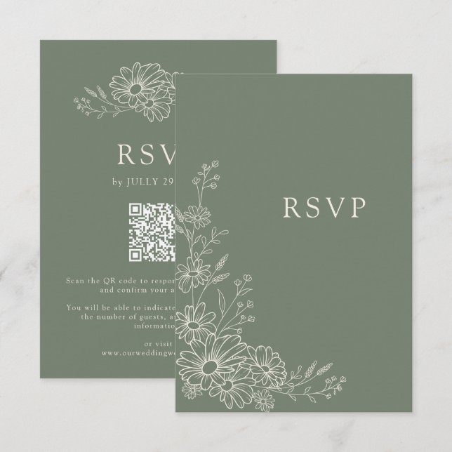 Cartão RSVP Sage Verde Chic Botânico Código QR de Margarida Ca (Frente/Verso)