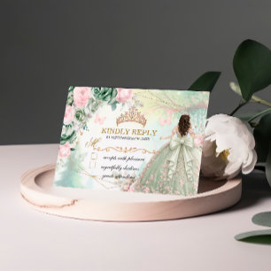 Cartão RSVP Sage Verde Rosa Corado Quinceañera Floresta Capric