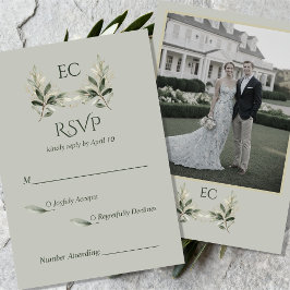 Cartão RSVP SageGreen Olive Branch Monogram Photo Wedding