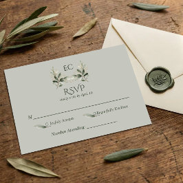 Cartão RSVP SageGreen Olive Branch Monogram Wedding