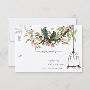 Cartão RSVP Sakura Rosa Árvore de Cerejeira Teal Birds Gaiola
