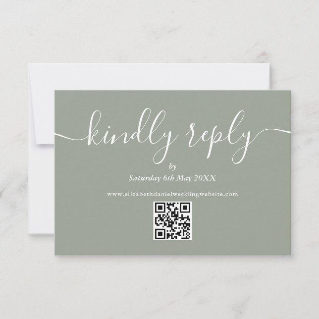 Cartão RSVP Script de Casamento Código QR Verde Salvia Respond (Frente)