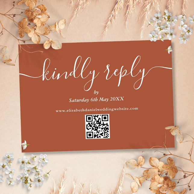Cartão RSVP Script de Código QR de Terracota Casamento Respond (Terracotta QR Code Script Wedding Kindly Reply RSVP Card)
