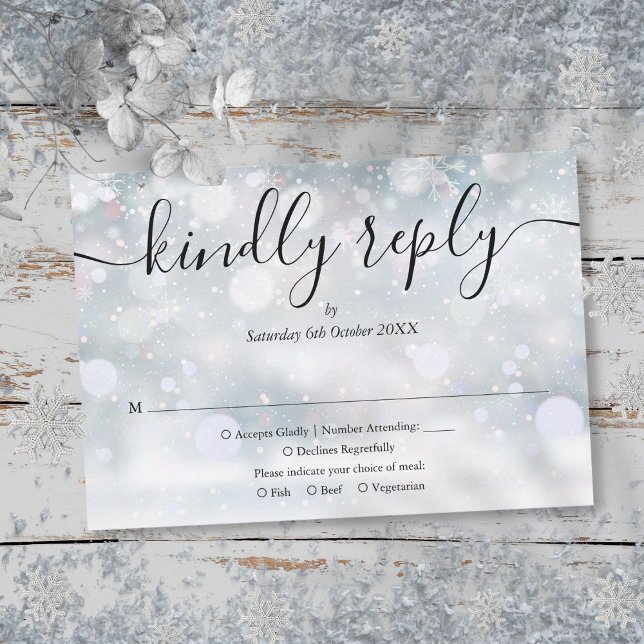 Cartão RSVP Script de Flocos de Neve de Inverno Responda com G (Winter Snowflakes Script Kindly Reply RSVP Card)