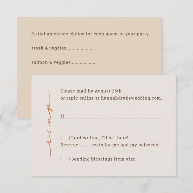 Cartão RSVP Script de Letra à Mão para Casamento (Frente/Verso)