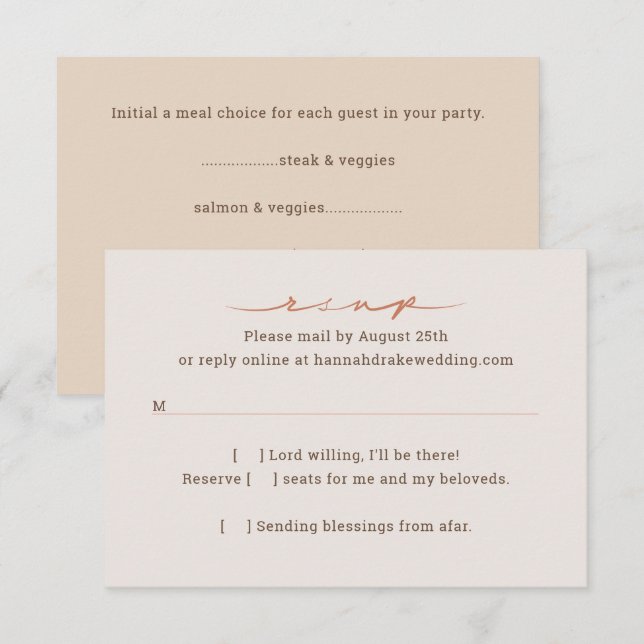 Cartão RSVP Script de Letra à Mão para Casamento (Frente/Verso)
