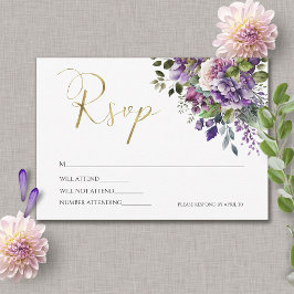Cartão RSVP Script Dourado do Buquê de Aquarela Violeta Roxo