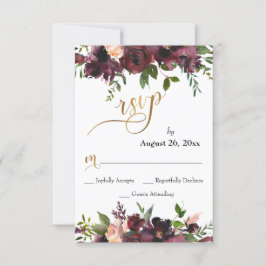 Cartão RSVP Script Dourado Floral de Borgonha Vermelha Profund