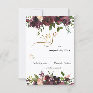 Cartão RSVP Script Dourado Floral de Borgonha Vermelha Profund