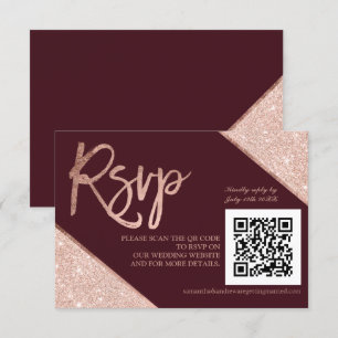 Cartão RSVP script dourado rosa com script vermelho QR código
