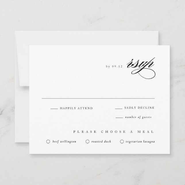 Cartão RSVP Script Elegante Branco e Preto de Casamento Clássi (Frente)