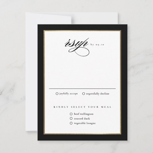Cartão RSVP Script Elegante Clássico Preto e Casamento Dourado (Frente)