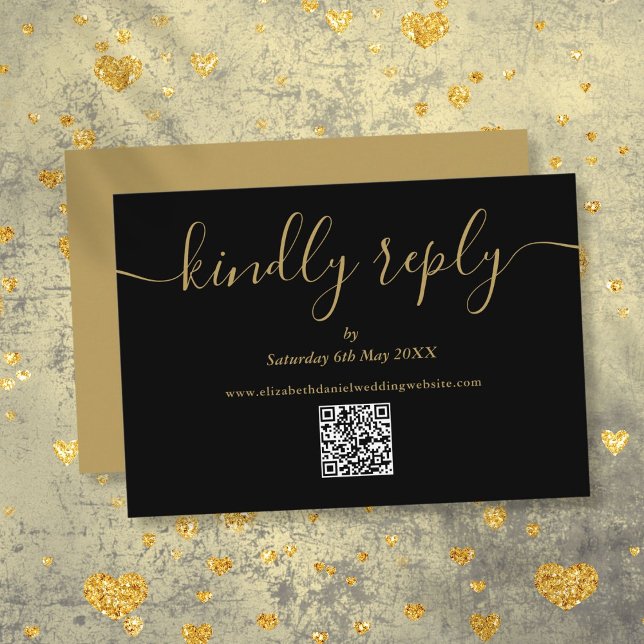 Cartão RSVP Script Elegante de Código QR Preto E Dourado - Res (Black And Gold QR Code Elegant Script Kindly Reply RSVP Card)