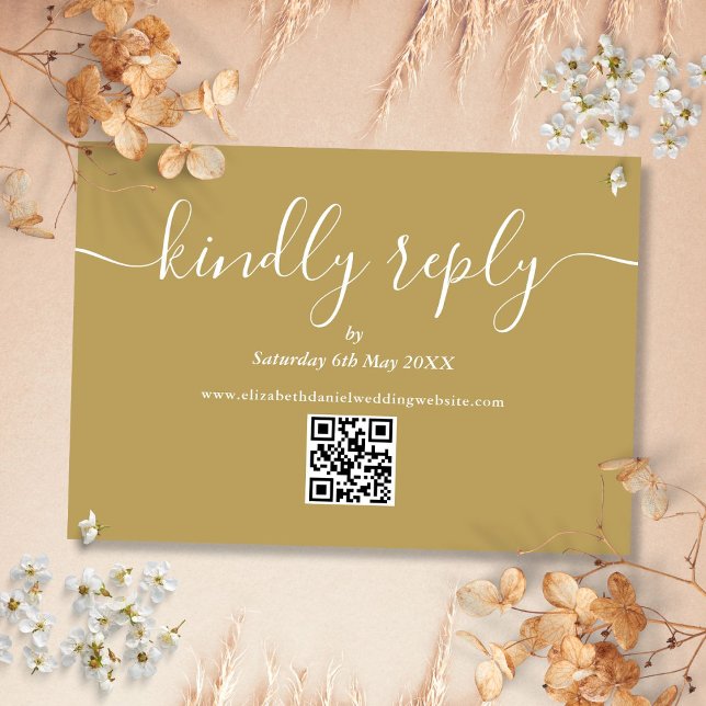 Cartão RSVP Script Elegante de Código QR que responde gentilme (QR Code Elegant Script Kindly Reply Gold RSVP Card)