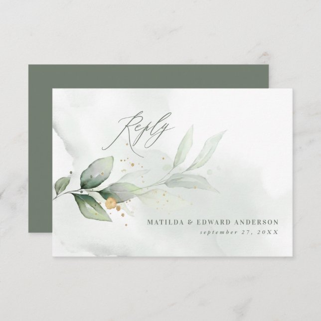 Cartão RSVP Script elegante do casamento verde-botânico modern (Frente/Verso)