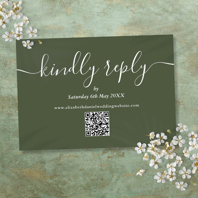 Cartão RSVP Script Elegante do Código QR que Responde gentilme (QR Code Elegant Script Kindly Reply Olive Green RSVP Card)