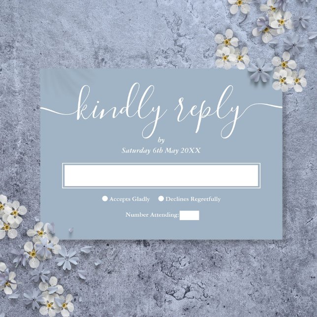 Cartão RSVP Script Elegante Minimalista Moderno Dusty Blue (Dusty Blue Modern Minimalist Elegant Script RSVP Card)