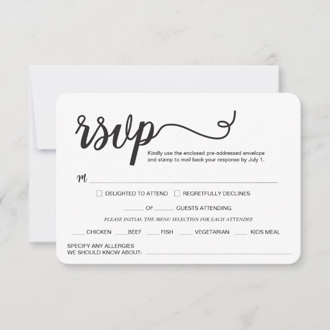 Cartão RSVP Script Elegante personalizado O casamento alimenta (Frente)