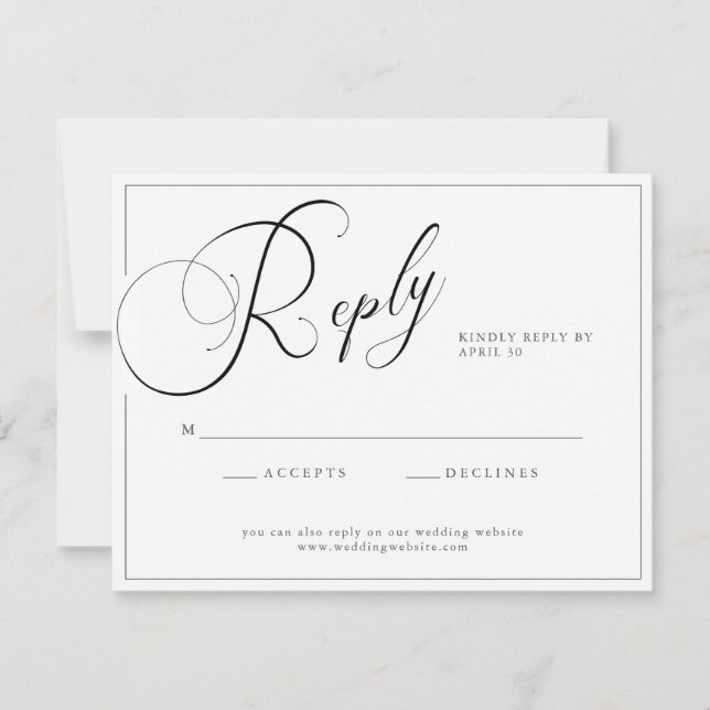 Cartão RSVP Script Elegante Preto e Branco com Casamento de Si (Frente)