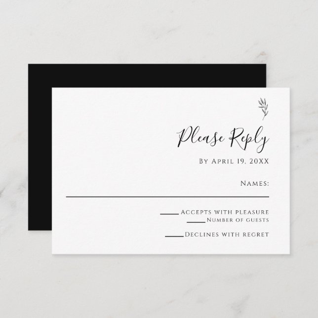 Cartão RSVP Script Elegante Preto e Branco Simples, Responda (Frente/Verso)