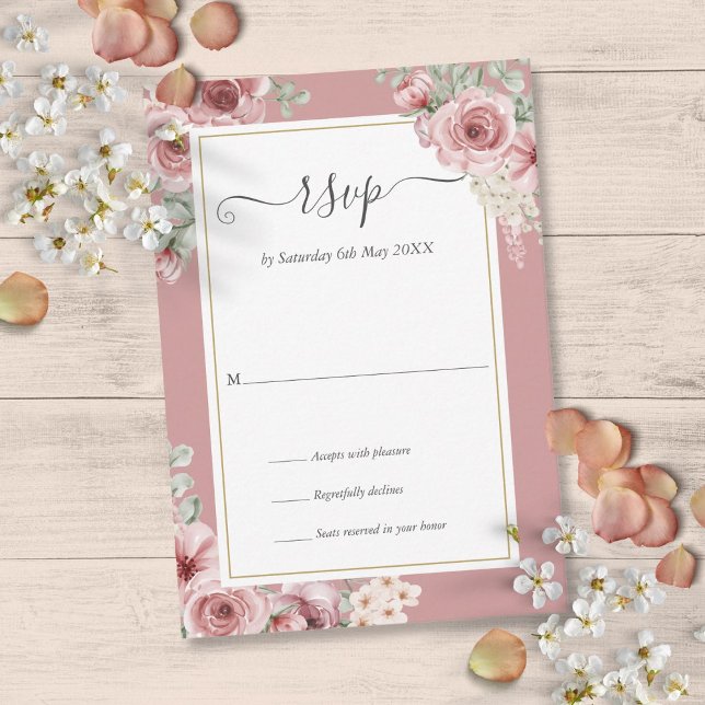 Cartão RSVP Script Floral Dusty Rosa Elegante (Dusty Rose Elegant Floral Script RSVP Card)