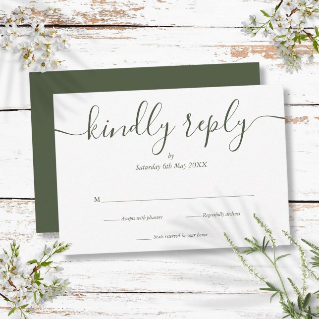 Cartão RSVP Script Simples e Elegante Verde Oliva (Simple Elegant Script Olive Green RSVP Card)