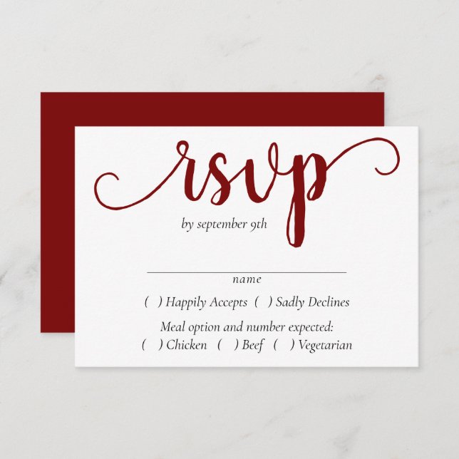 Cartão RSVP Script vermelho simples | Cherry Flourish Entree C (Frente/Verso)