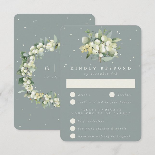 Cartão RSVP Seafoam Green Snowberry+Eucalyptus Buquê Weding (Frente/Verso)