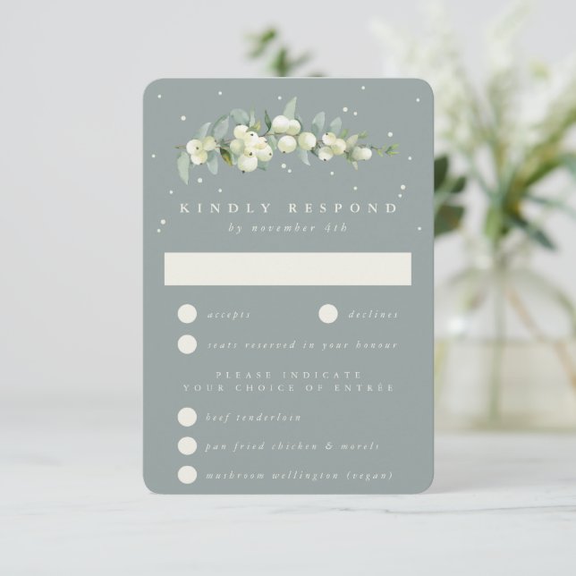 Cartão RSVP Seafoam Green Snowberry+Eucalyptus Stem Weding (Em pé/Frente)