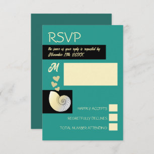 Cartão RSVP Seashell and Hearts, Beach Wedding