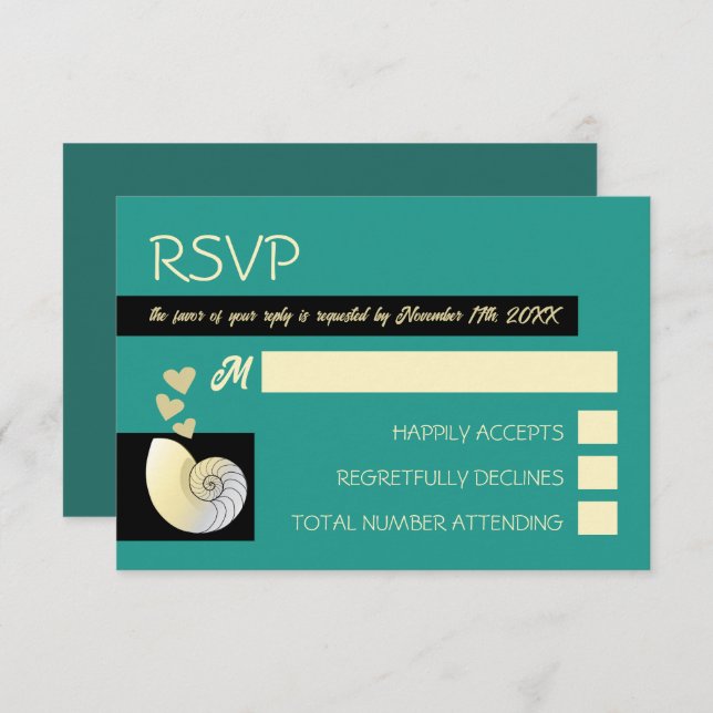 Cartão RSVP Seashell and Hearts, Beach Wedding (Frente/Verso)