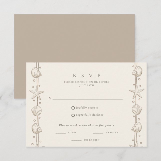Cartão RSVP Seashell Border Beach Wedding (Frente/Verso)
