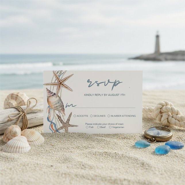 Cartão RSVP Seashell Starfish Beach Wedding Meal Choice (Criador carregado)