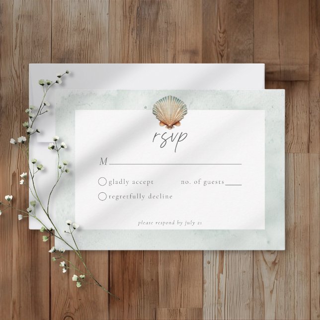 Cartão RSVP Seashell Watercolor Minimalist Beach Wedding (Criador carregado)