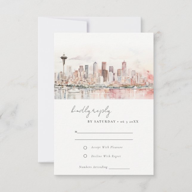 Cartão RSVP Seattle Washington Watercolor Landscape Wedding (Frente)