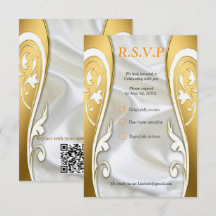 Cartão RSVP Seda Luxuosa, Branca, Fluindo e Rosas Douradas.