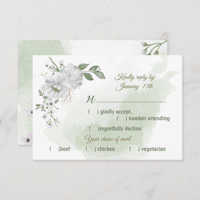 Cartão RSVP seleção de farinha verde de flores brancas (Frente/Verso)