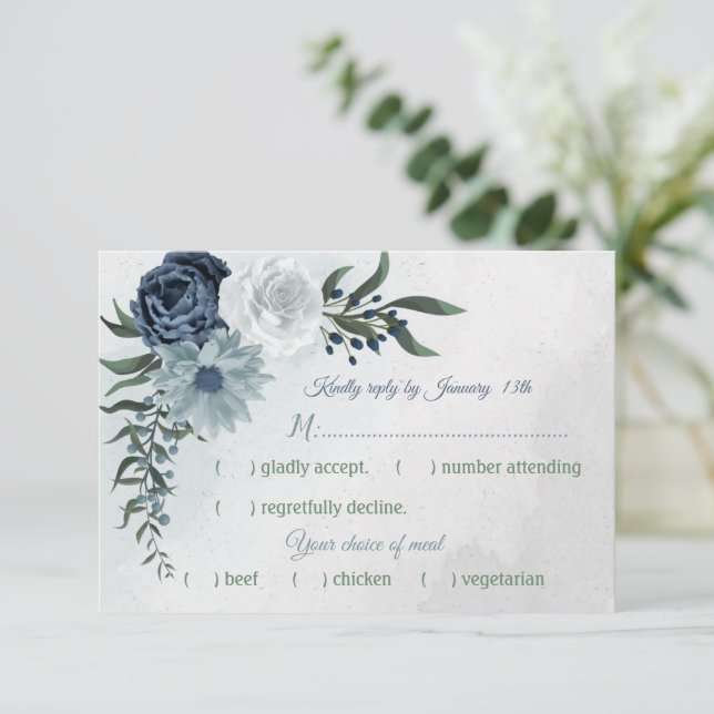 Cartão RSVP seleção de refeição de casamento floral branca e a (Em pé/Frente)