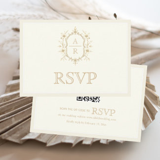 Cartão RSVP Sepia floral crest monogram QR code wedding
